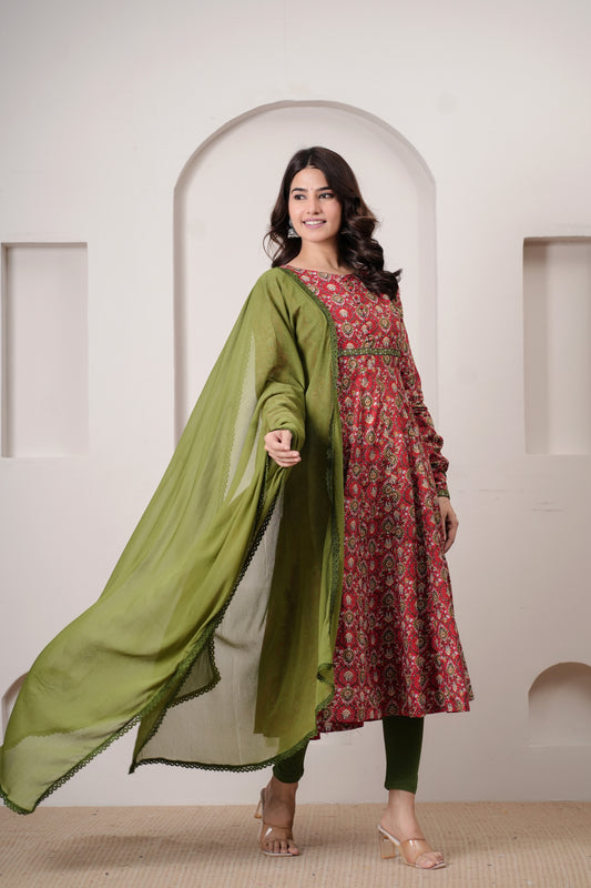 Heer Cotton Kalamkari Anarkali Kurta with Dupatta