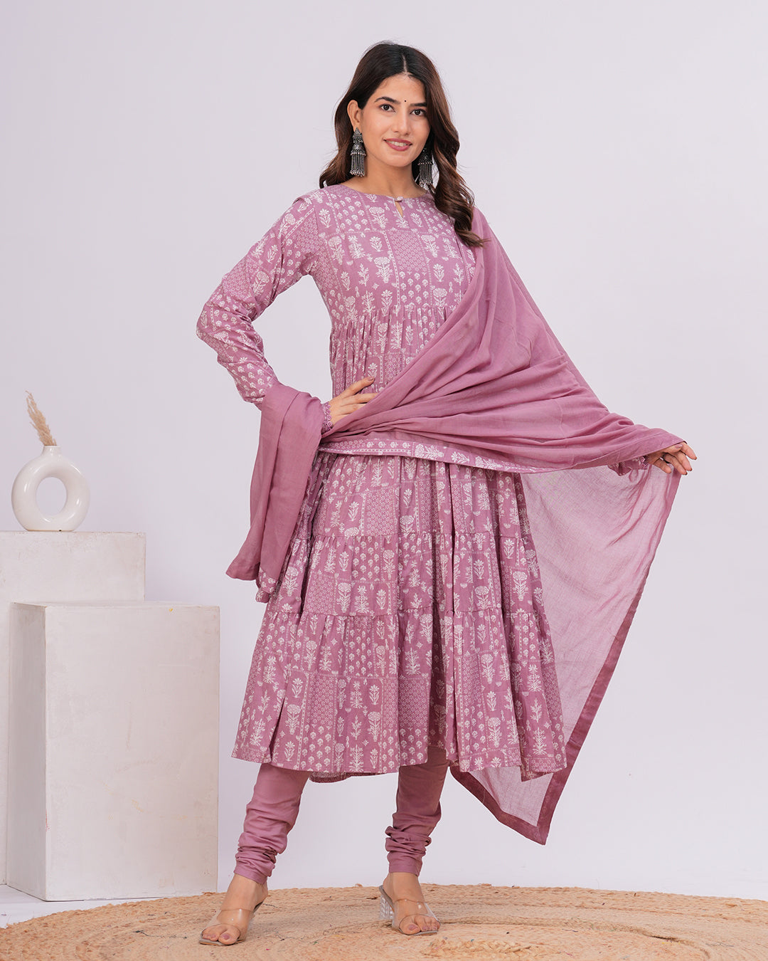 Nazam Tiered Anarkali with Churidar and Dupatta