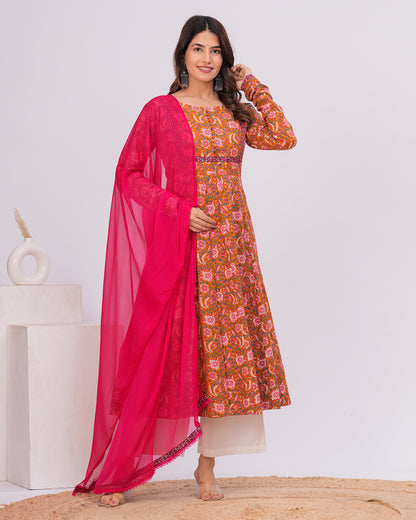 Hyma Cotton Kalamkari  Anarkali Kurta with Dupatta