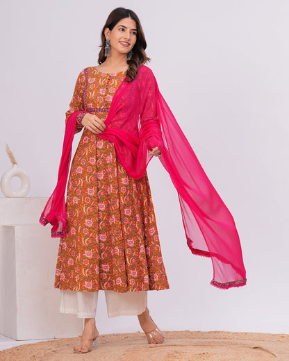 Hyma Cotton Kalamkari  Anarkali Kurta with Dupatta