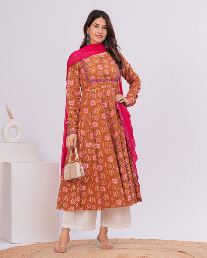 Hyma Cotton Kalamkari  Anarkali Kurta with Dupatta