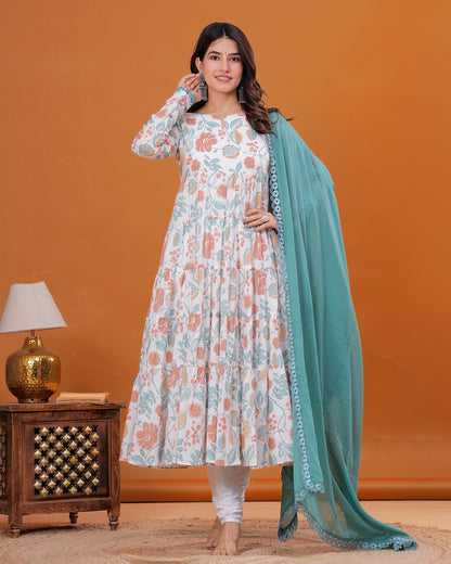 Gulmohar Tiered Anarkali with Churidar and Dupatta