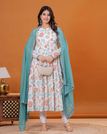 Gulmohar Tiered Anarkali with Churidar and Dupatta