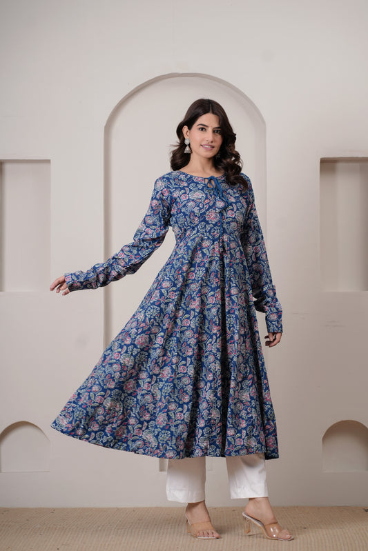 Sajda Blue Cotton Anarkali Kurta