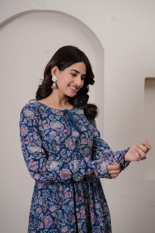 Sajda Blue Cotton Anarkali Kurta