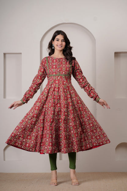 Heer Cotton Kalamkari Anarkali Kurta with Dupatta