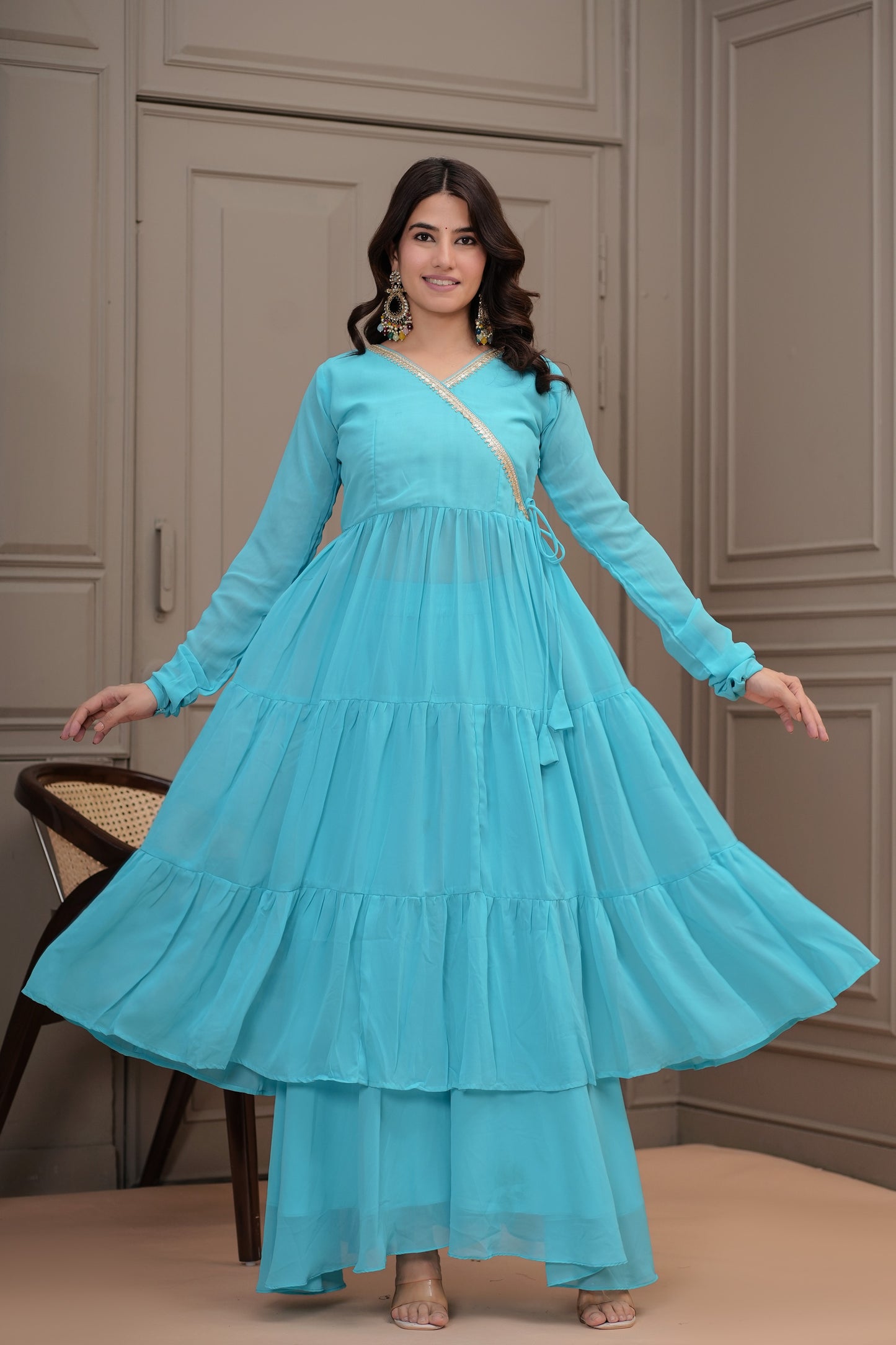 Aboli Georgette Tiered Kurta, Palazzo with Dupatta