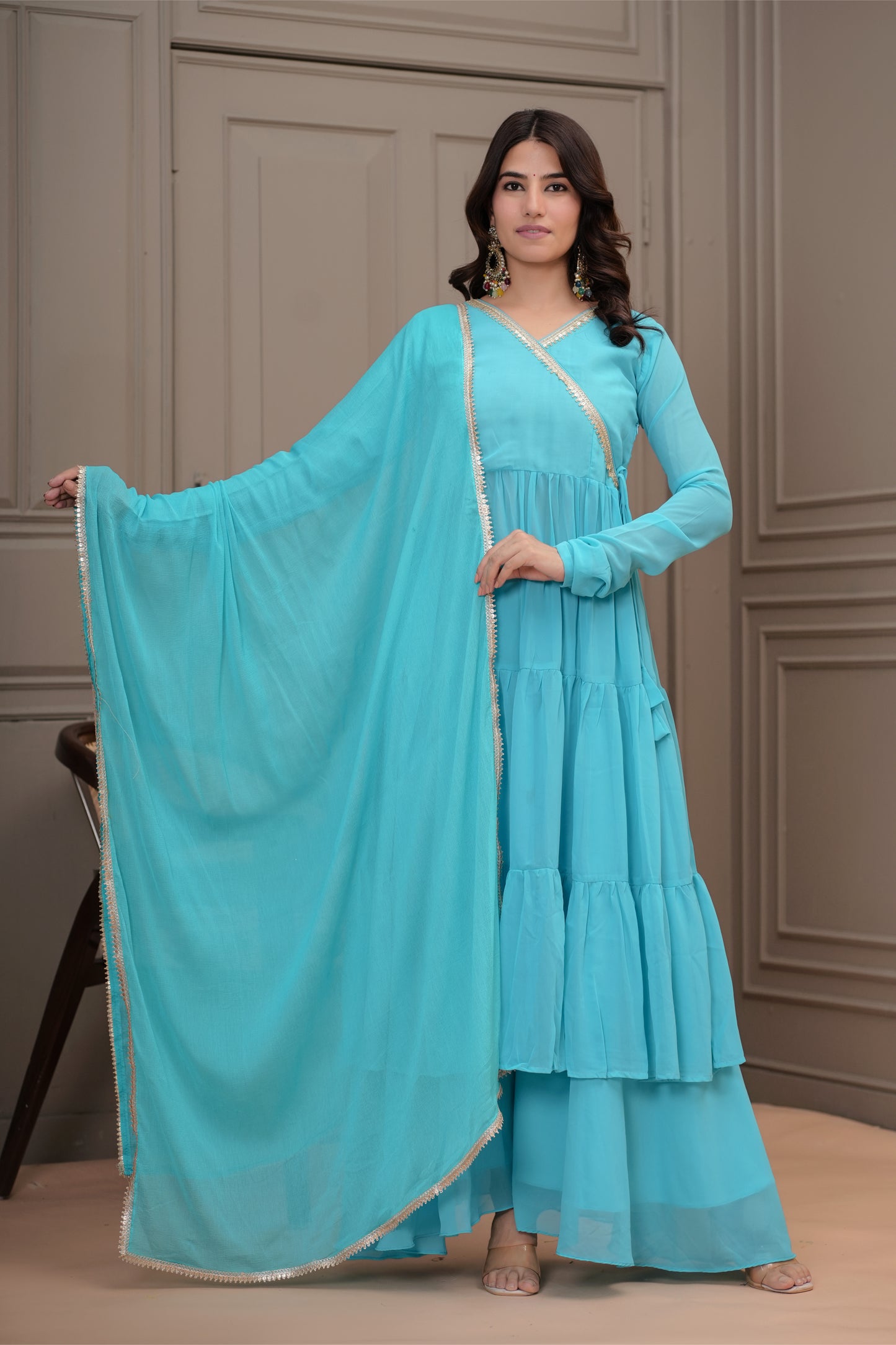 Aboli Georgette Tiered Kurta, Palazzo with Dupatta