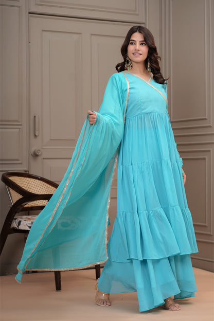 Aboli Georgette Tiered Kurta, Palazzo with Dupatta