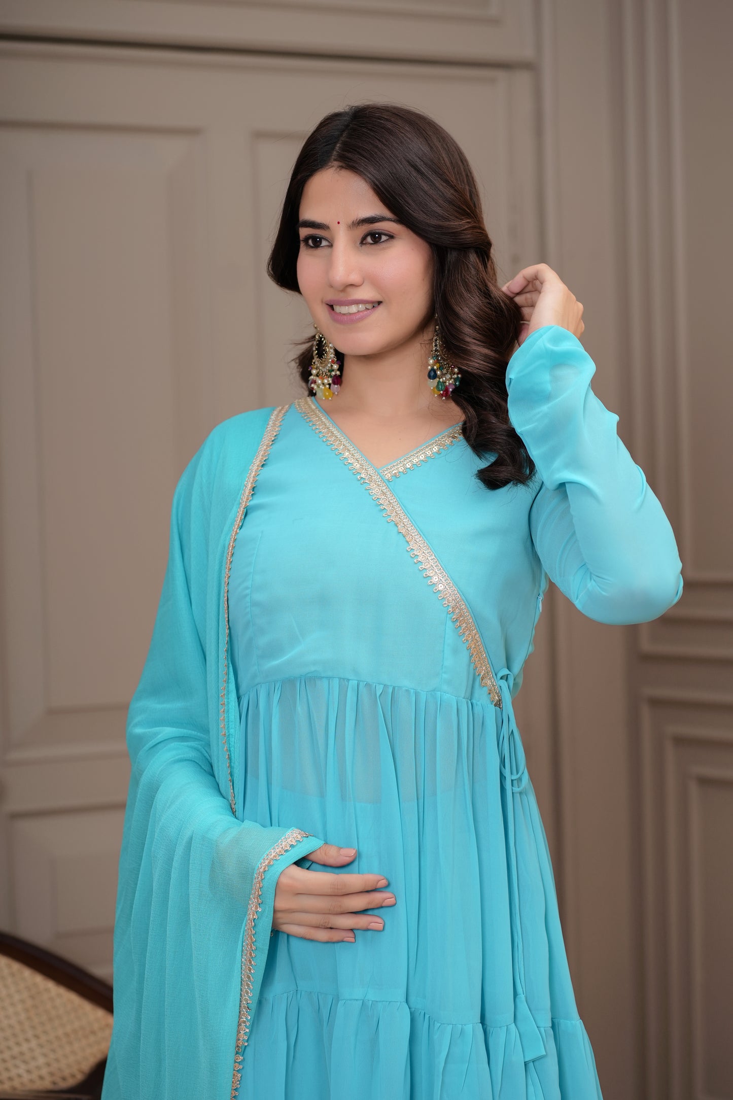 Aboli Georgette Tiered Kurta, Palazzo with Dupatta