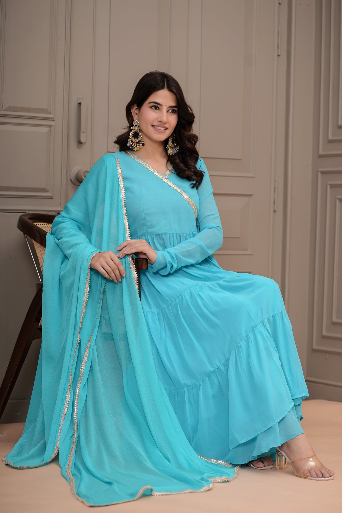 Aboli Georgette Tiered Kurta, Palazzo with Dupatta