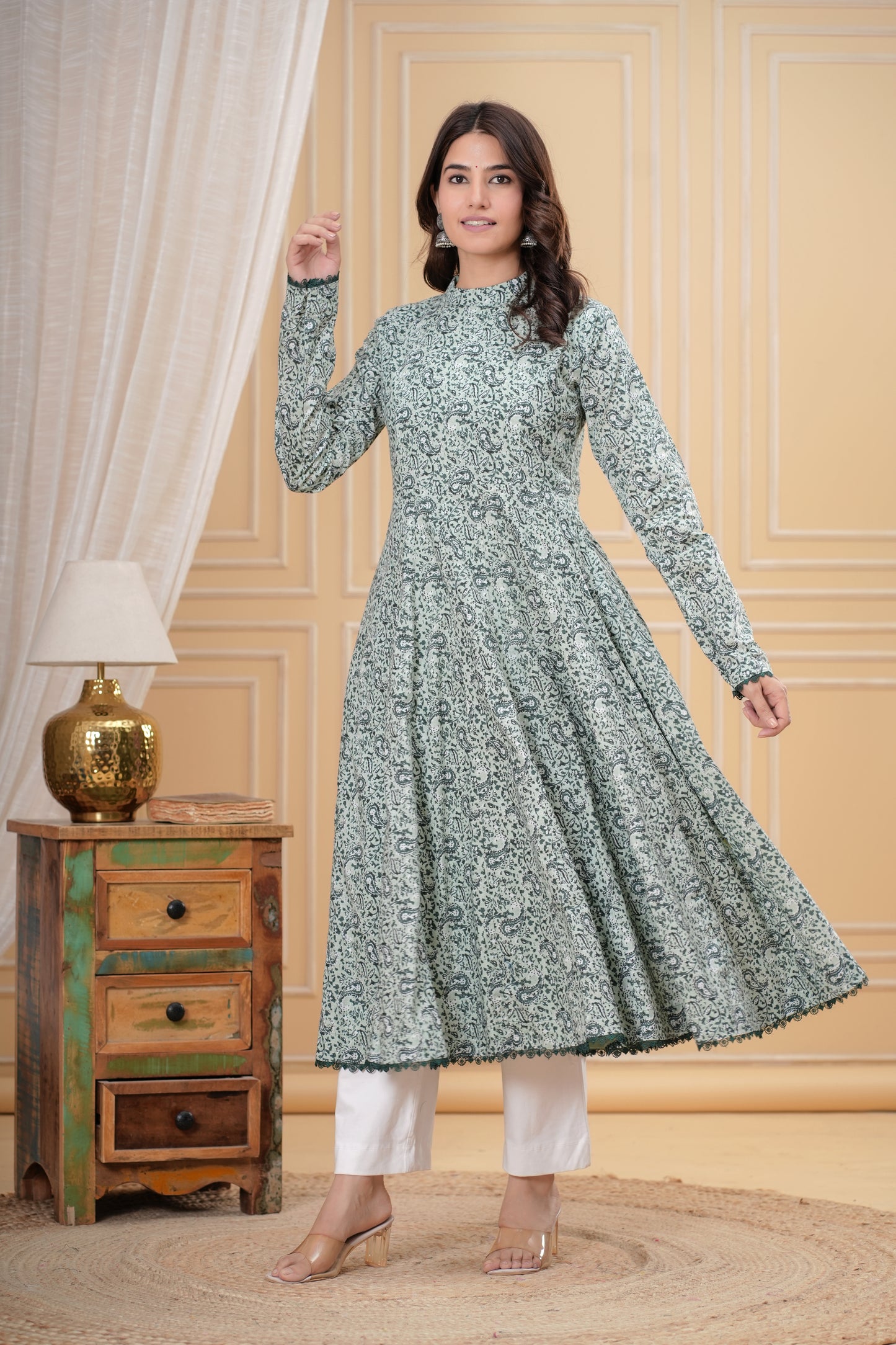Gul Pista Green Cotton Anarkali Kurta