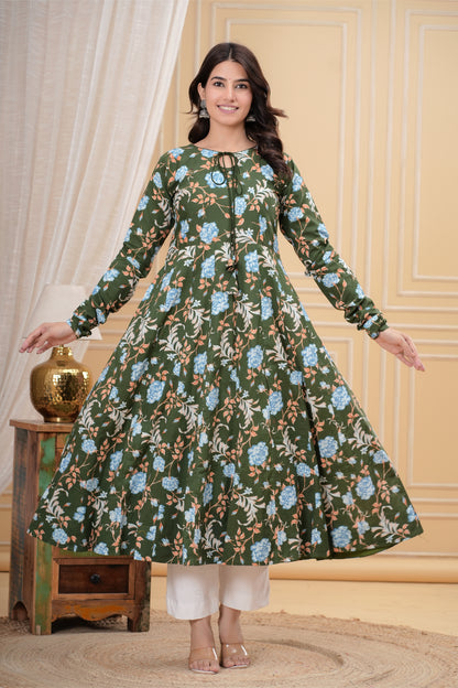 Saanchi Mahendi Green Cotton Anarkali Kurta