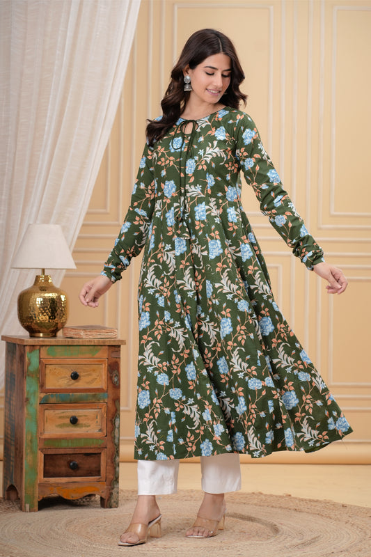 Saanchi Mahendi Green Cotton Anarkali Kurta