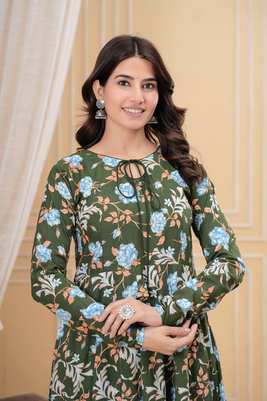 Saanchi Mahendi Green Cotton Anarkali Kurta
