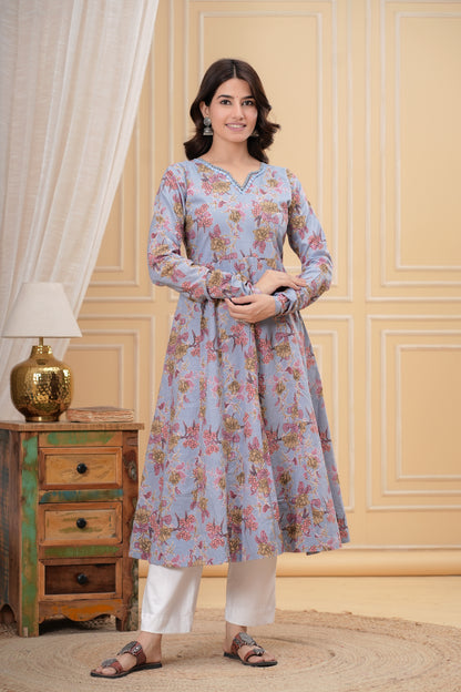 Nigaar Grey Cotton Anarkali Kurta